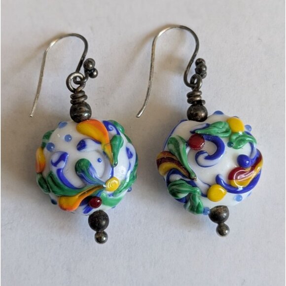 Hand Blown Glass Bead Earrings Colorful Swirls Sterling Silver Hooks - Picture 4 of 13